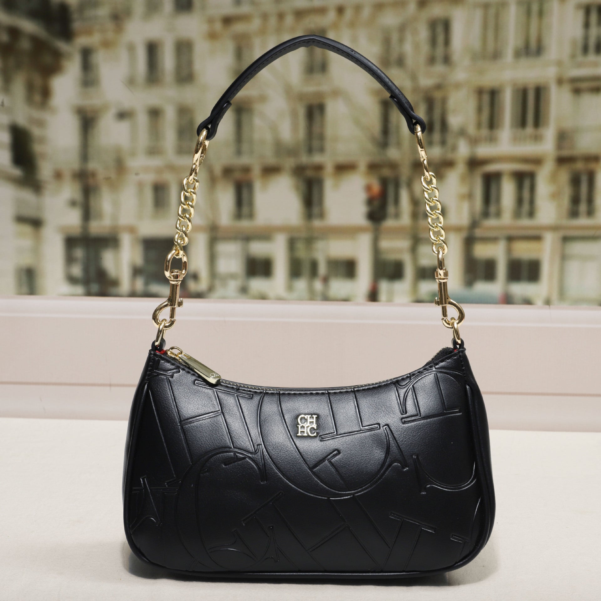 Sarah Express Embossed Letter Dumpling Crossbody Bag M12 Black 25x7x15cm