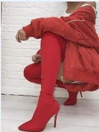 Sarah Express Over-the-Knee Stretch Boots with Patchwork Detail Red