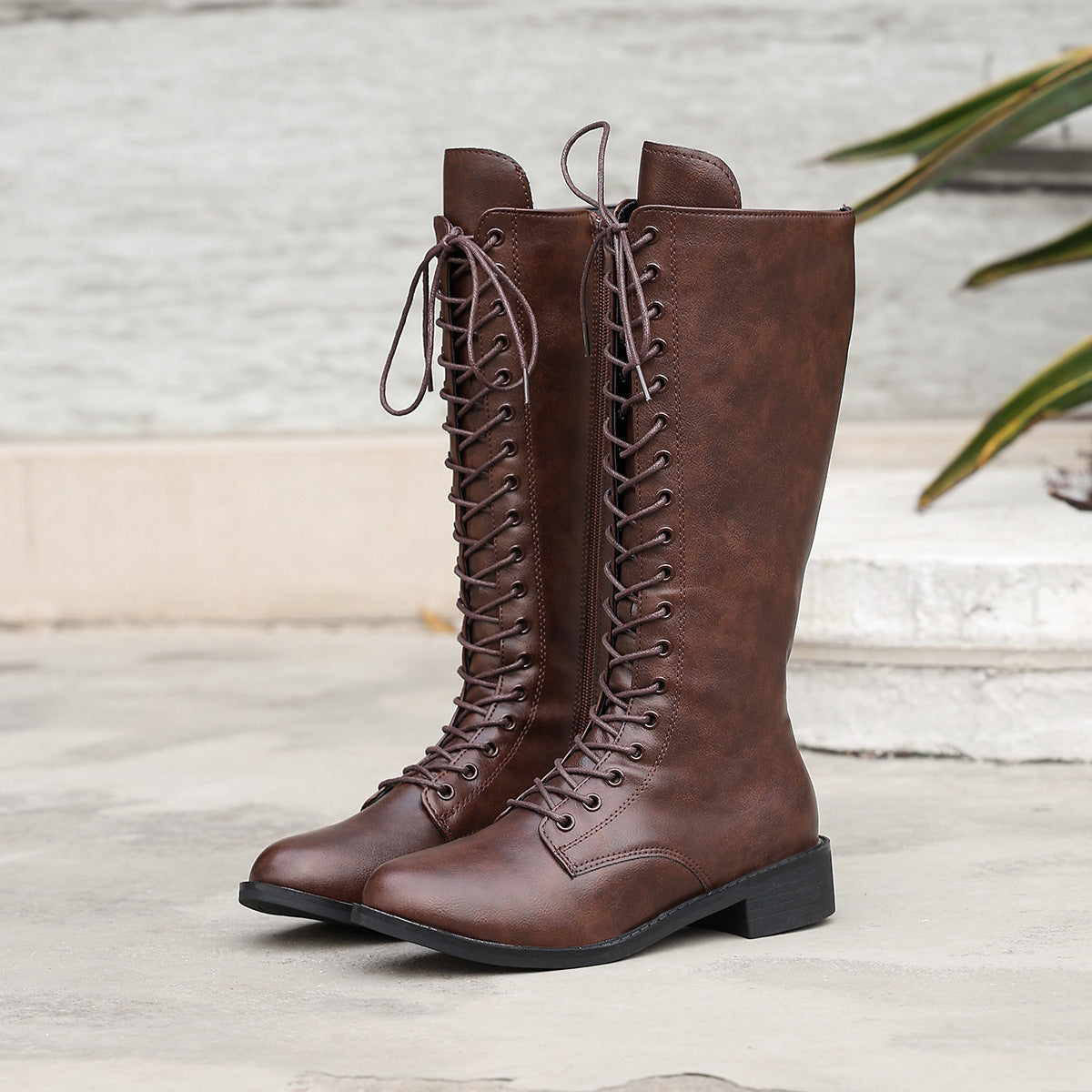 Sarah Express Women's Knee-High Lace-Up Round Toe Boots
