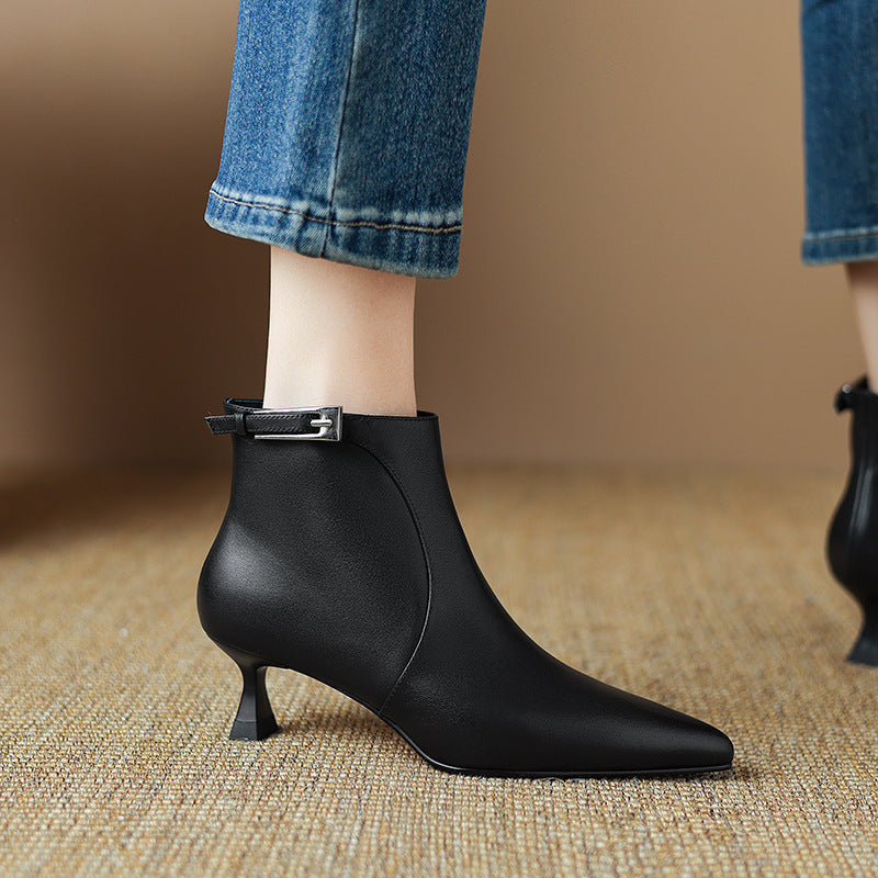 Sarah Express Pointed-Toe Stiletto Ankle Boots with Buckle Black