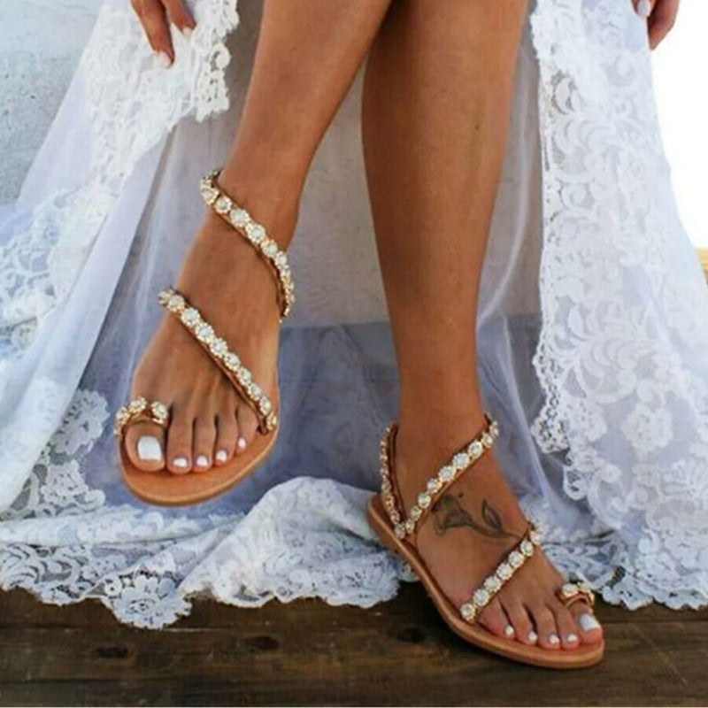 Sarah Express Rhinestone Lace Beading Flat Sandals