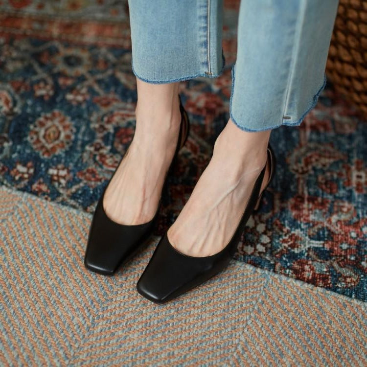 Sarah Express Women's Square Toe Block Heel Pumps Black