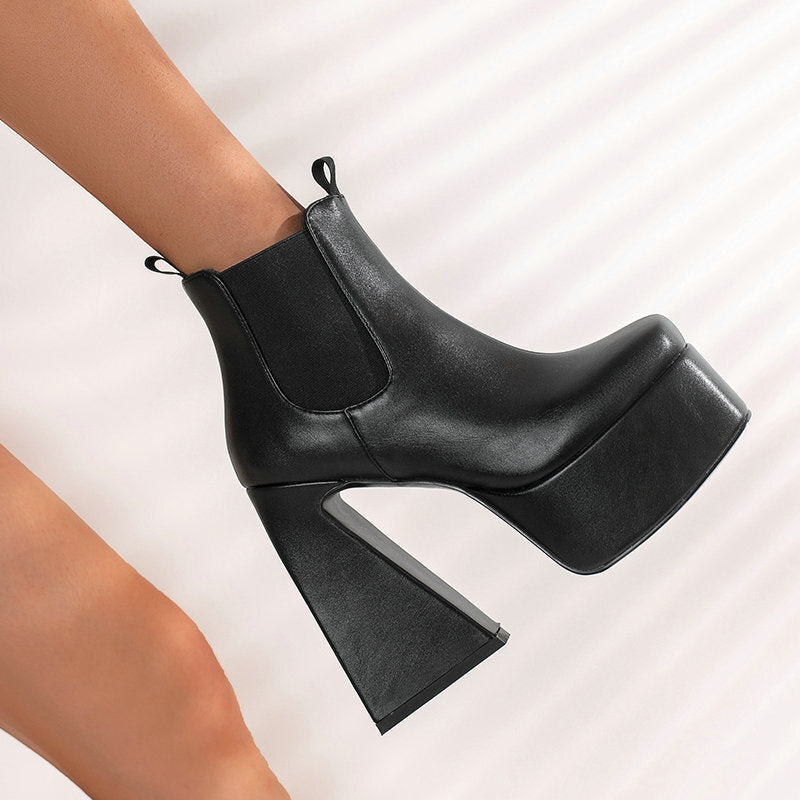 Sarah Express Patent Leather Square Toe Chunky Boots
