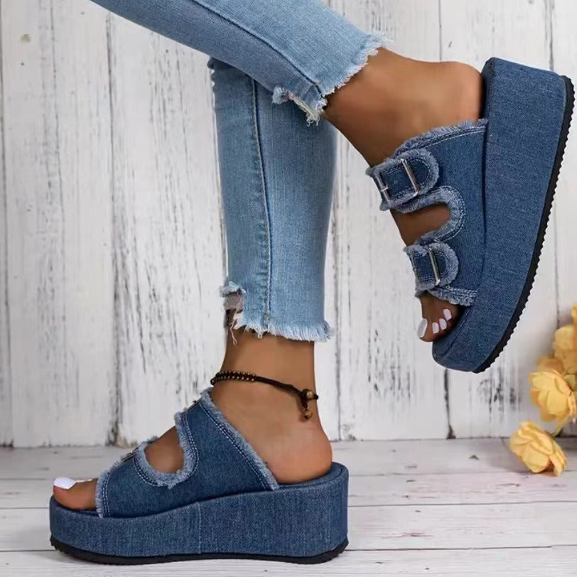 Sarah Express Denim Buckle Platform Wedge Sandals