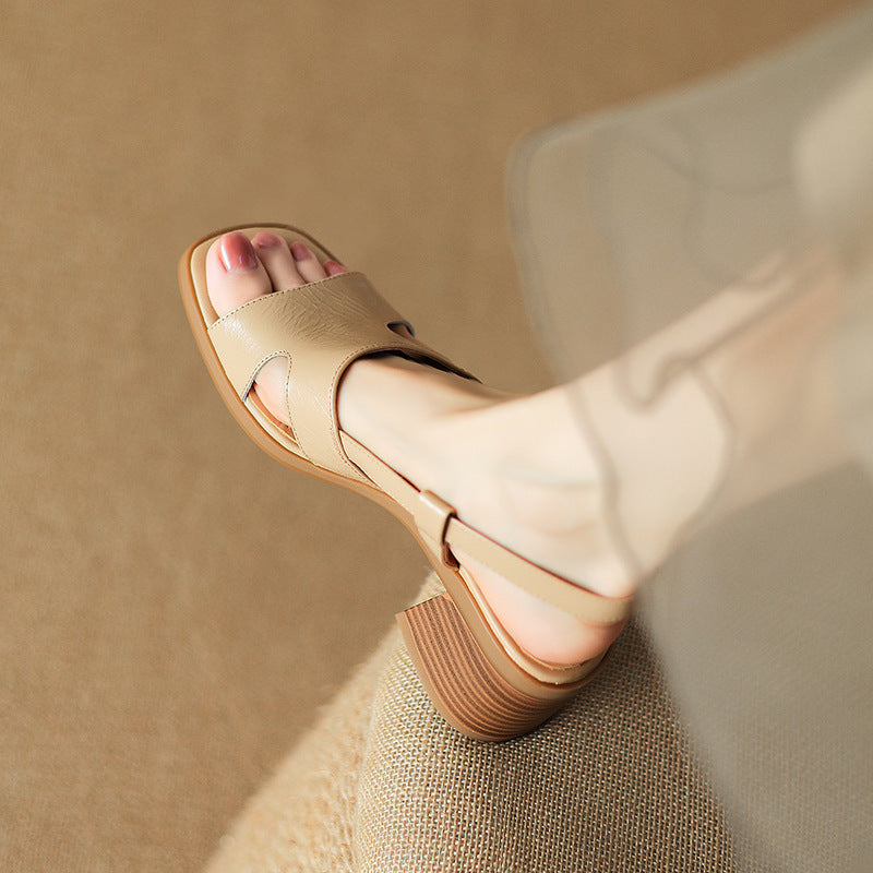 Sarah Express Square Toe Buckle Strap Flat Sandals Apricot
