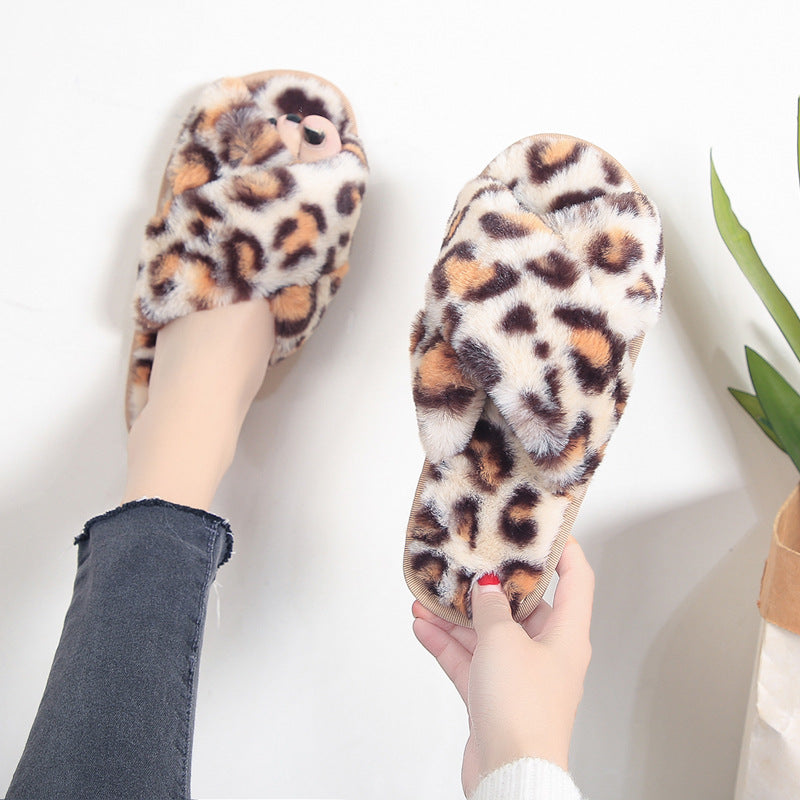 Sarah Express Fuzzy Leopard Cross-Strap House Slippers