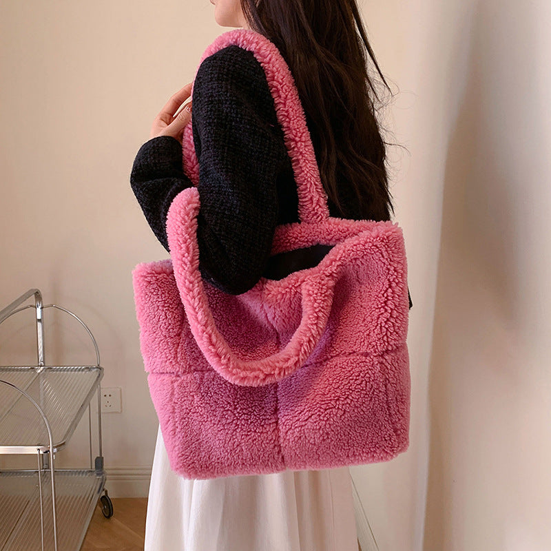 Sarah Express Plush Tote Bag Winter Shoulder Handbag Rose Red