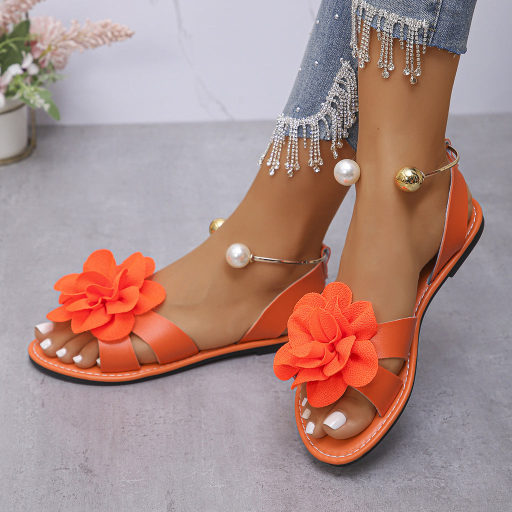 Sarah Express Floral Pearl Strap Flat Sandals