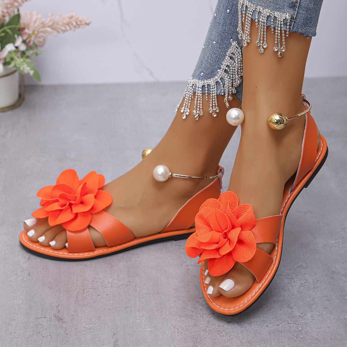 Sarah Express Floral Pearl Strap Flat Sandals