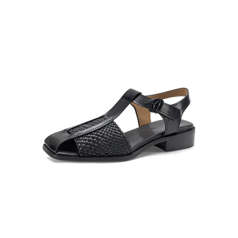 Sarah Express Woven T-Strap Block Heel Sandals