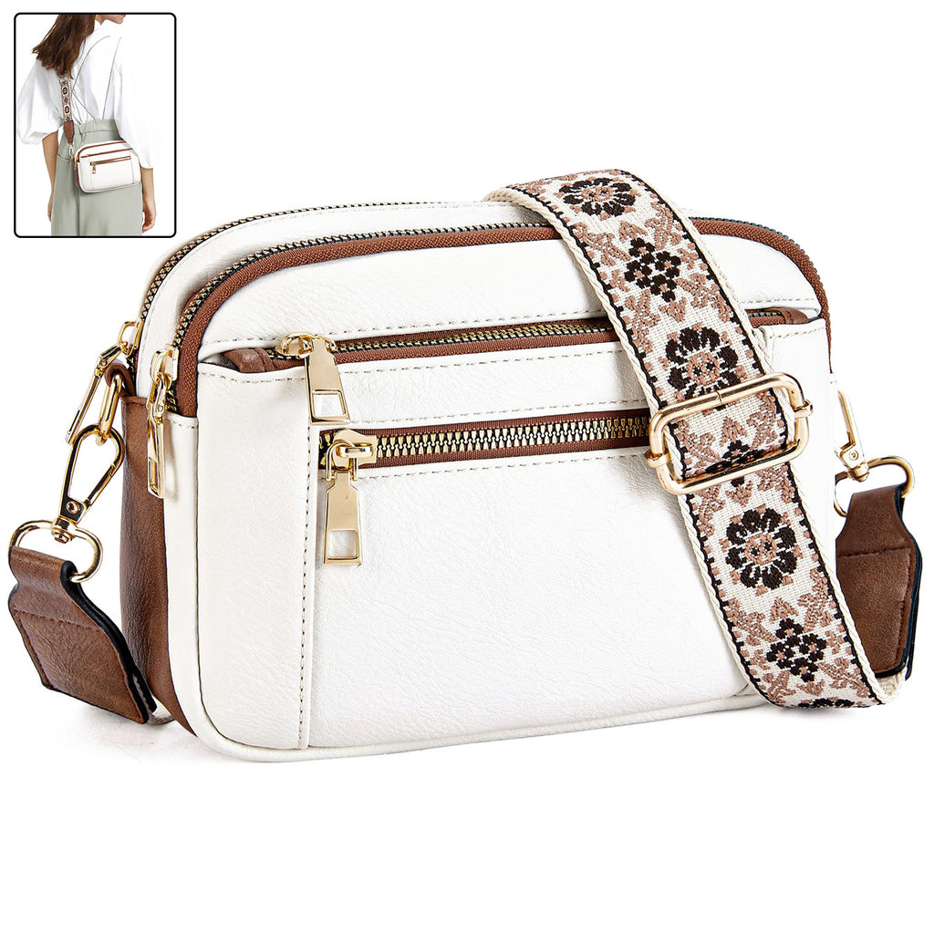 Sarah Express Triple-Zipper Crossbody Bag With Embroidered Strap