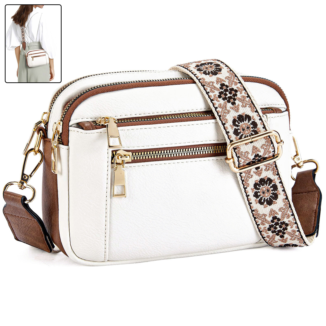 Sarah Express Triple-Zipper Crossbody Bag With Embroidered Strap