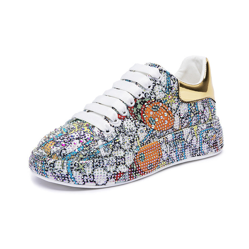 Sarah Express Rhinestone Platform Sneakers with Colorful Laces White