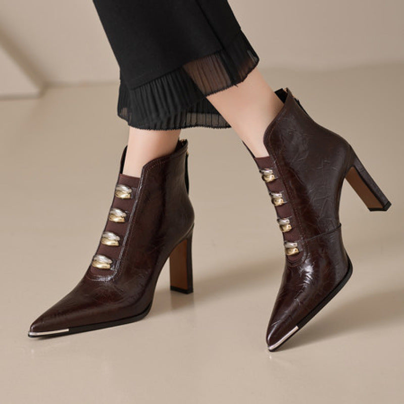 Sarah Express Pointed-Toe Satin Chunky Heel Ankle Boots