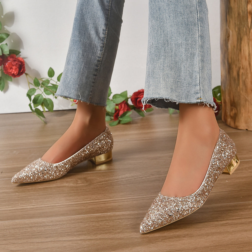 Sarah Express Crystal Sequin Low Heel Pointed Shoes