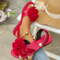 Sarah Express Floral Pearl Strap Flat Sandals Red