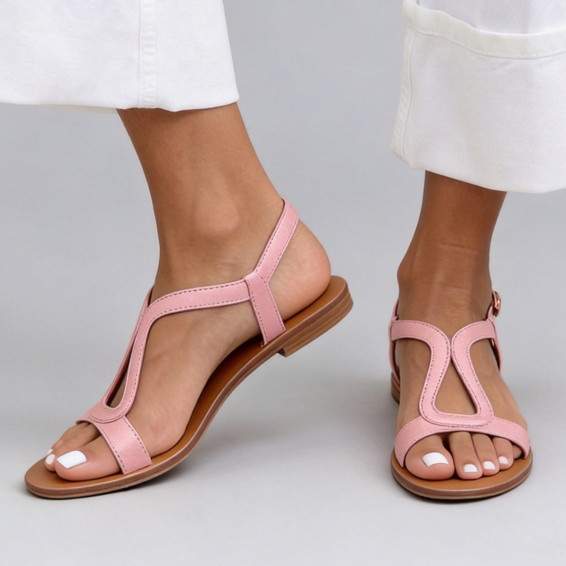 Sarah Express Open Toe T-Strap Flat Beach Sandals Pink