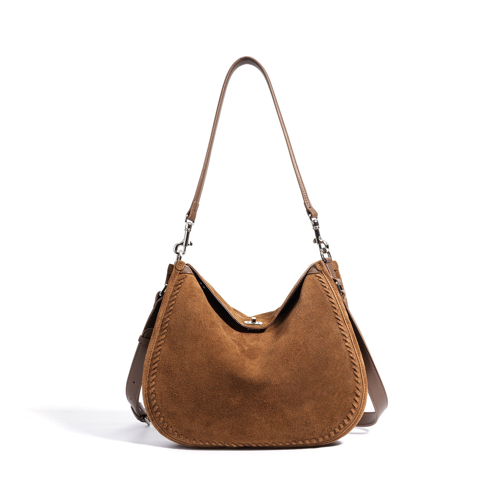 Sarah Express Genuine Suede Leather Cylindrical Crossbody Bag Calf Brown