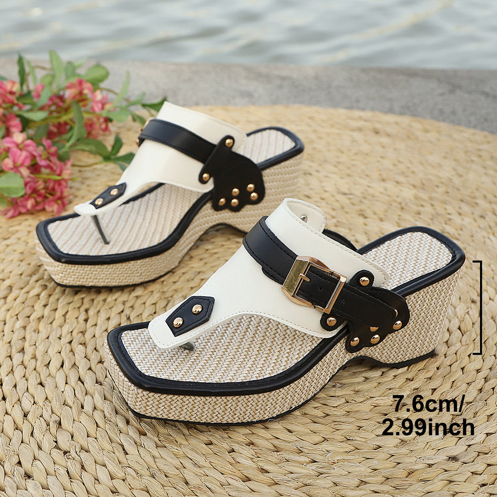 Sarah Express Chunky Heel Square Toe Buckle Sandals White