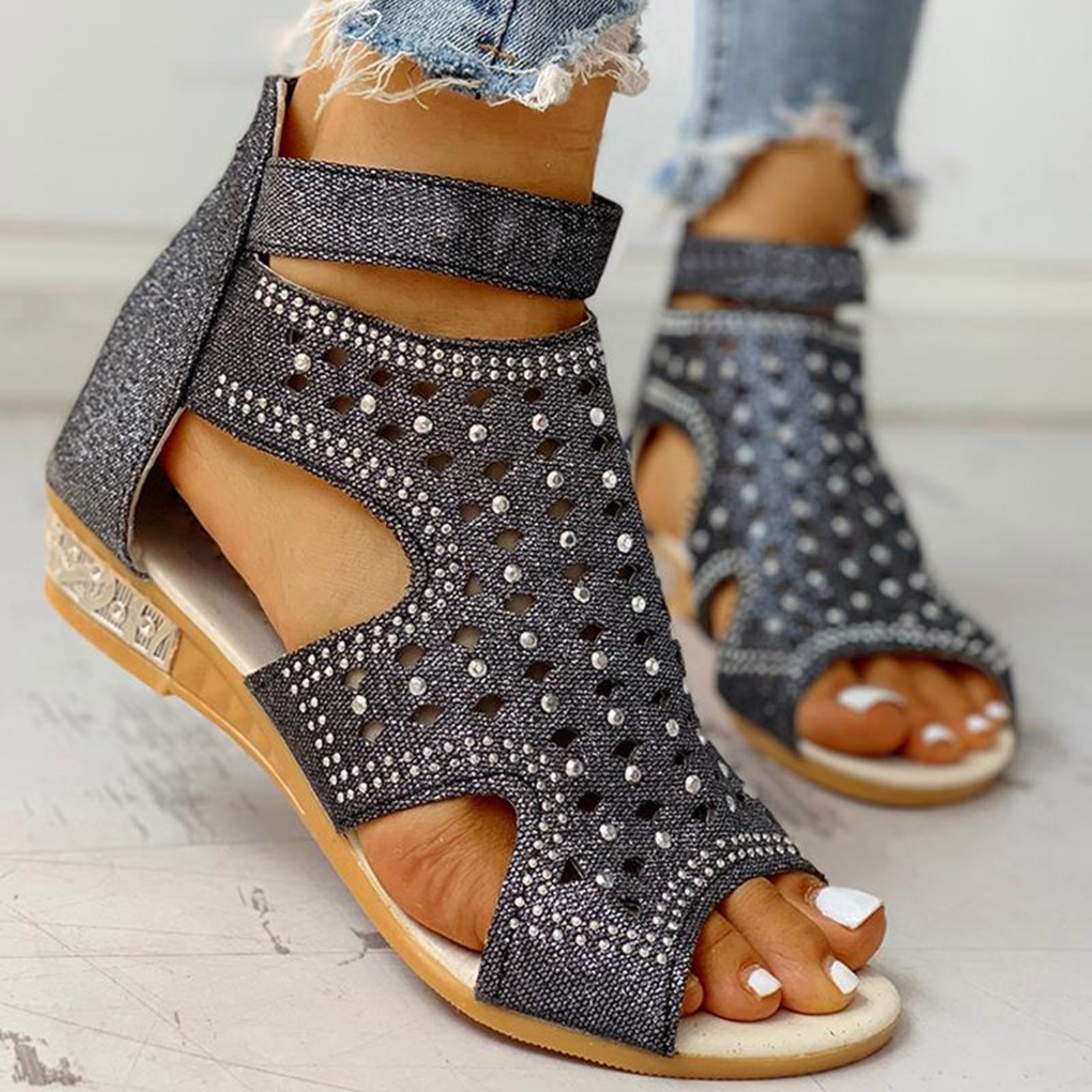 Sarah Express Rhinestone Cutout Roman Sandals With Back Zip