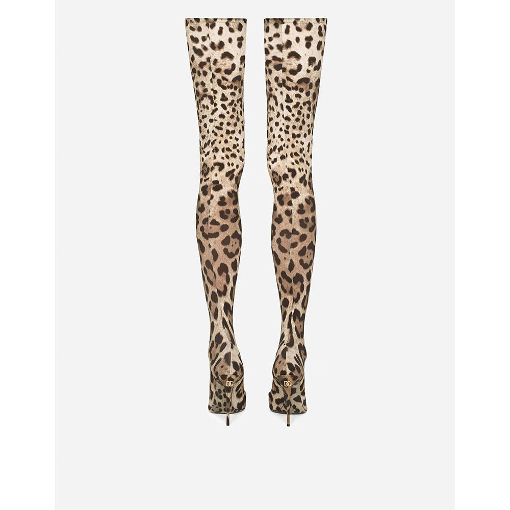 Sarah Express Leopard Print Knee-High Satin Stretch Boots