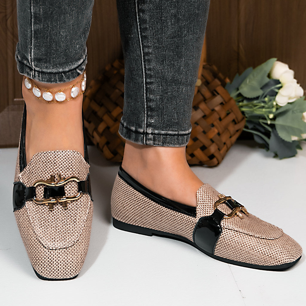 Sarah Express Square Toe Metal Buckle Slip-On Flats Khaki