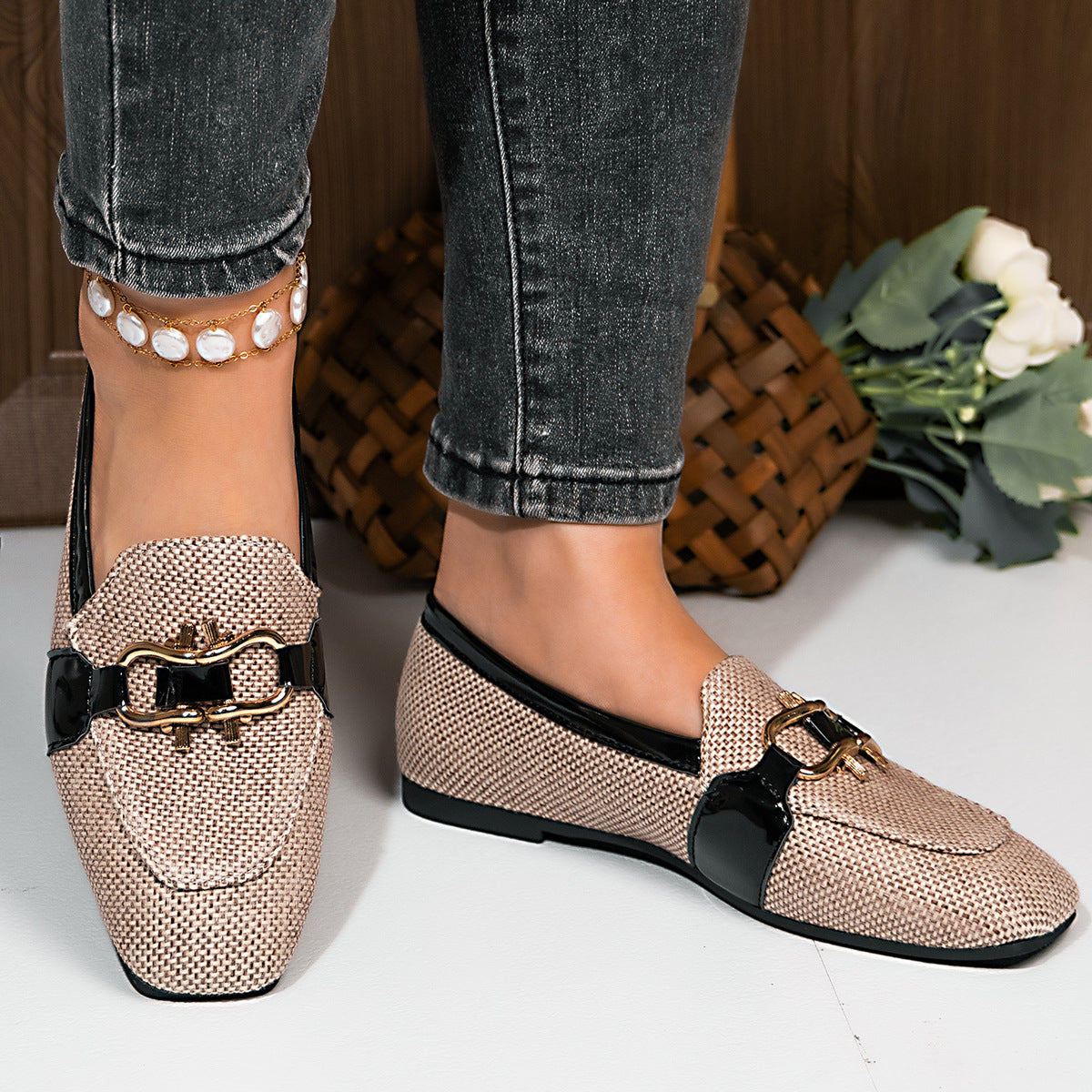 Sarah Express Square Toe Metal Buckle Slip-On Flats Khaki