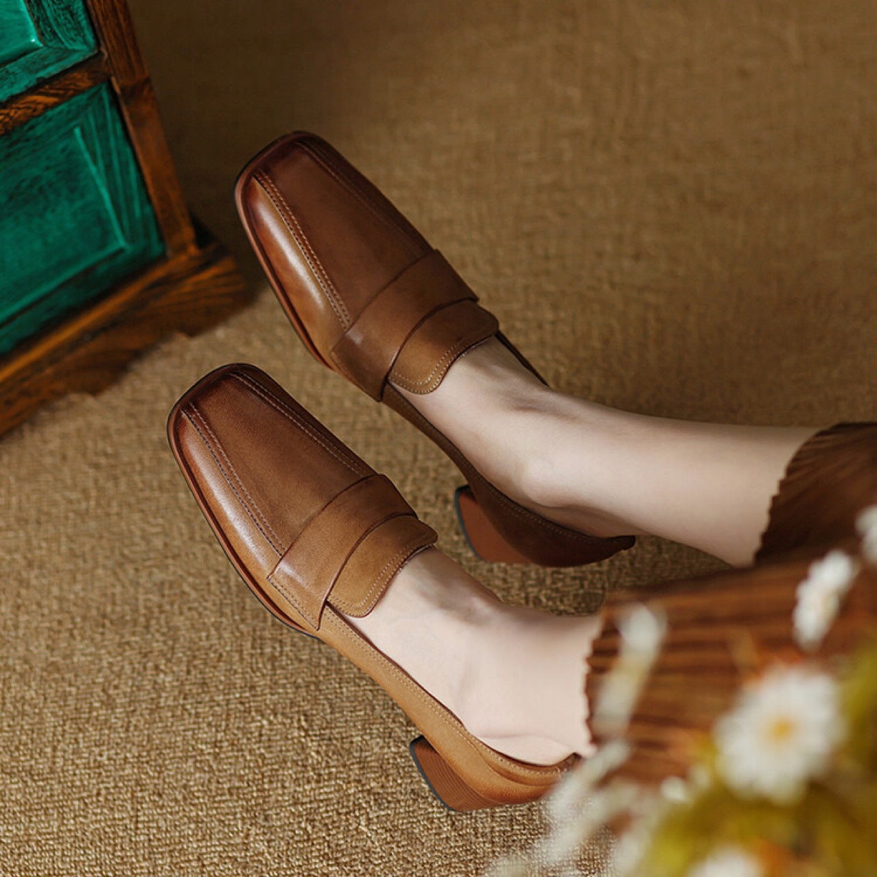 Sarah Express Square Toe Chunky Heel Dress Shoes