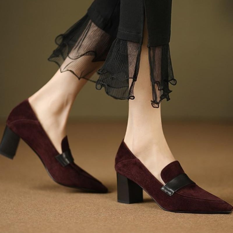 Sarah Express Pointed-Toe Chunky Heel Suede Loafers