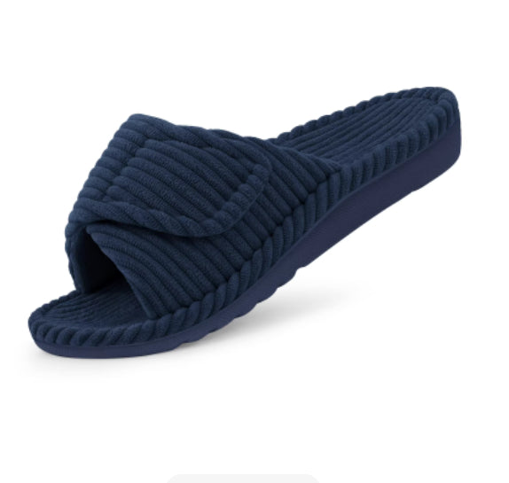 Sarah Express Corduroy Velcro Adjustable Slide Sandals Dark Blue