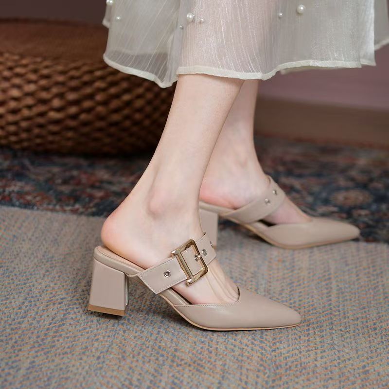Sarah Express Pointed Toe Chunky Heel Slip-On Slippers Lotus Root Color