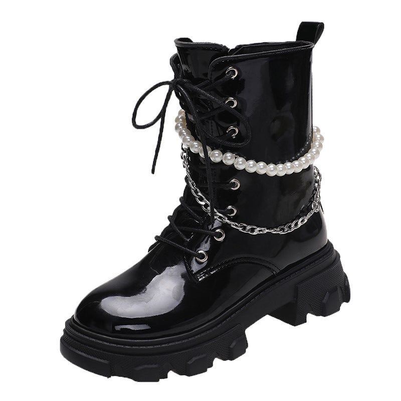 Sarah Express Pearl Chain Platform Ankle Boots Black gloss