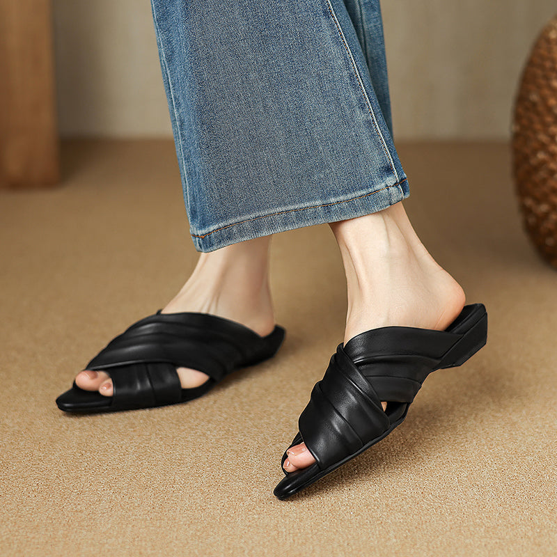 Sarah Express Ruched Lambskin Square Toe Slide Sandals