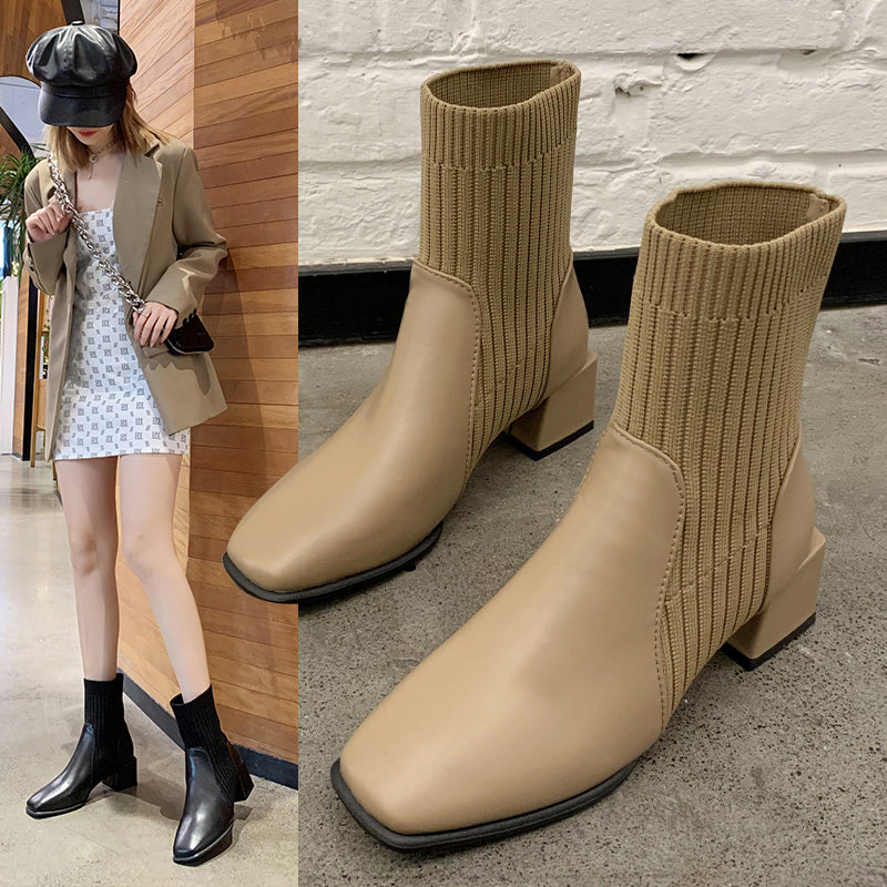 Sarah Express Square Toe Thick Heel Sock Boots