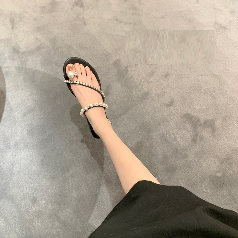 Sarah Express Rhinestone Pearl Embellished Flat Thong Sandals