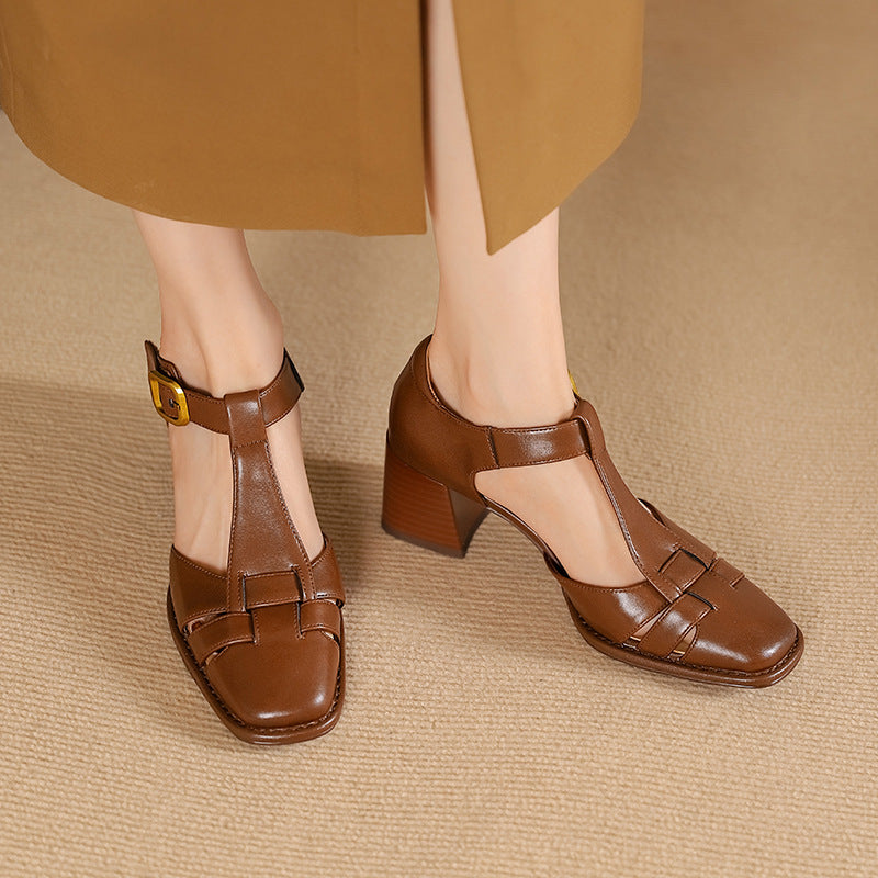 Sarah Express Square Toe Buckle Strap Mid Heel Sandals