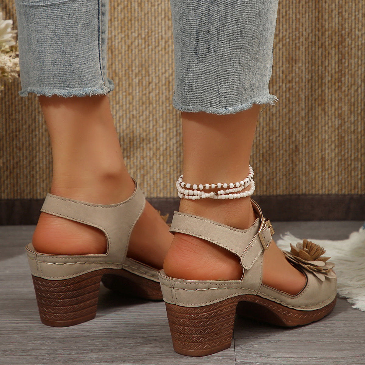 Sarah Express Women's Flowers Chunky Heel Sandals Summer Plus Size Platform Shoes