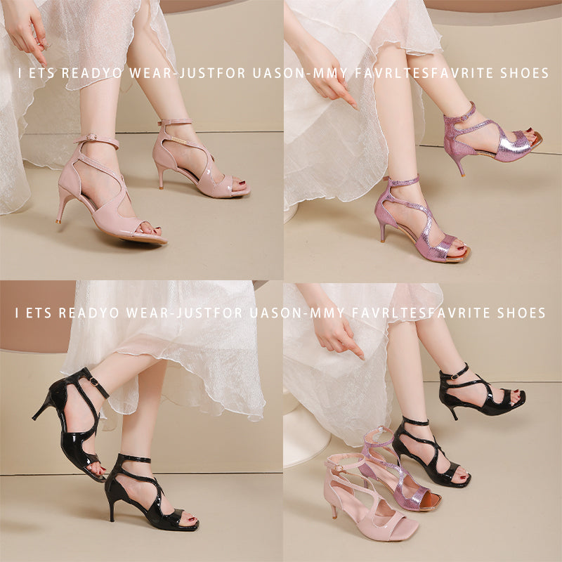 Women Sexy High Heel Sandals, French Elegant Nude Open Toe Stiletto Heels With Single Strap Buckle, Apricot Heels Matching Dresses For Summer – product detail alternate view 8
