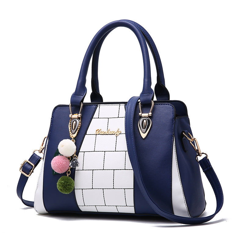 Sarah Express Structured Two-Tone Handbag with Pom-Pom Charm Blue