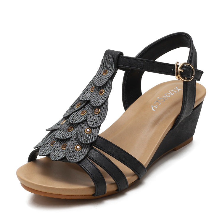 Sarah Express Boho Wedge Sandals with Buckle Closure Black