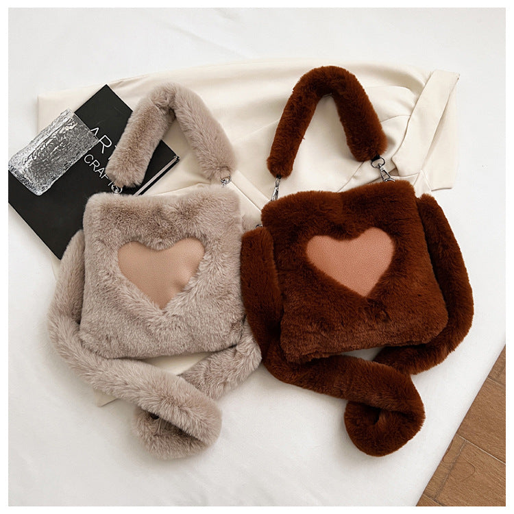 Sarah Express Plush Heart Detail Vertical Shoulder Bag