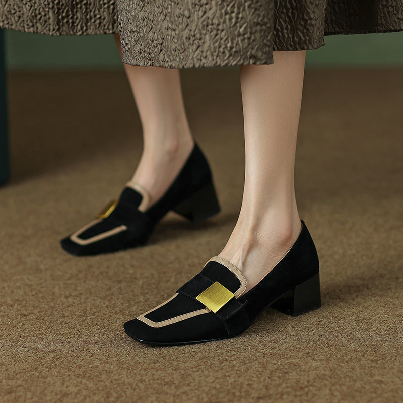 French Retro Color Block Single Shoe With Medium Thick Heel – product detail alternate view 5