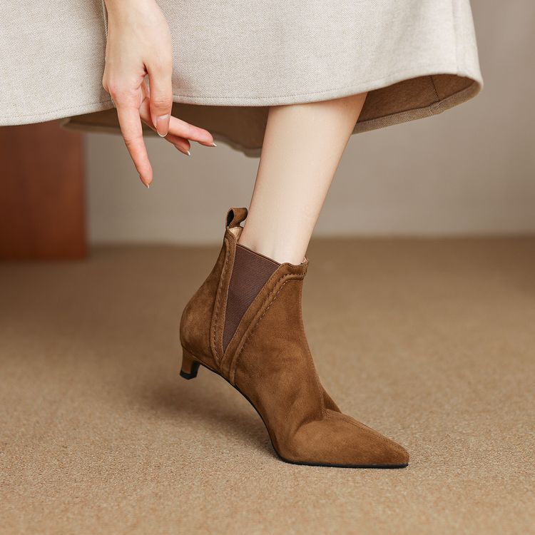Sarah Express Women's Stiletto Suede Mid-Calf Ankle Boots Brown