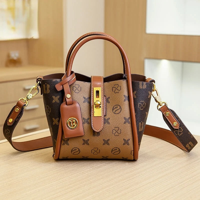 Sarah Express Patterned Bucket Messenger Bag with Handles Yellow Coffee Brown