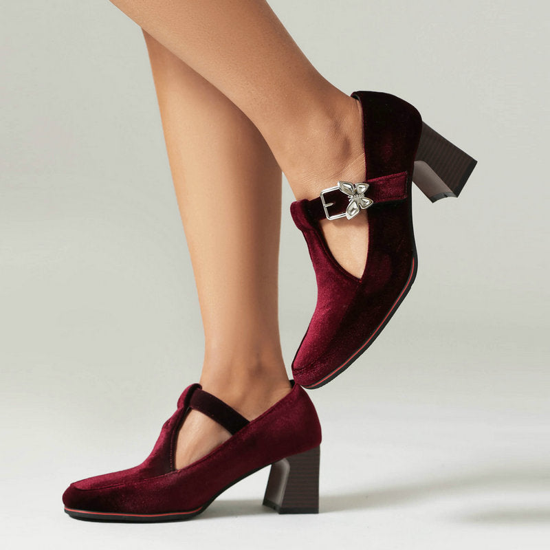 Sarah Express Suede Square Toe Block Heel Pumps