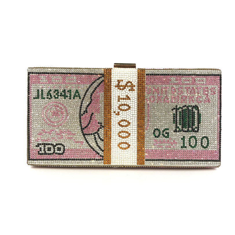Sarah Express Crystal Dollar Bill Statement Clutch Bag Pink