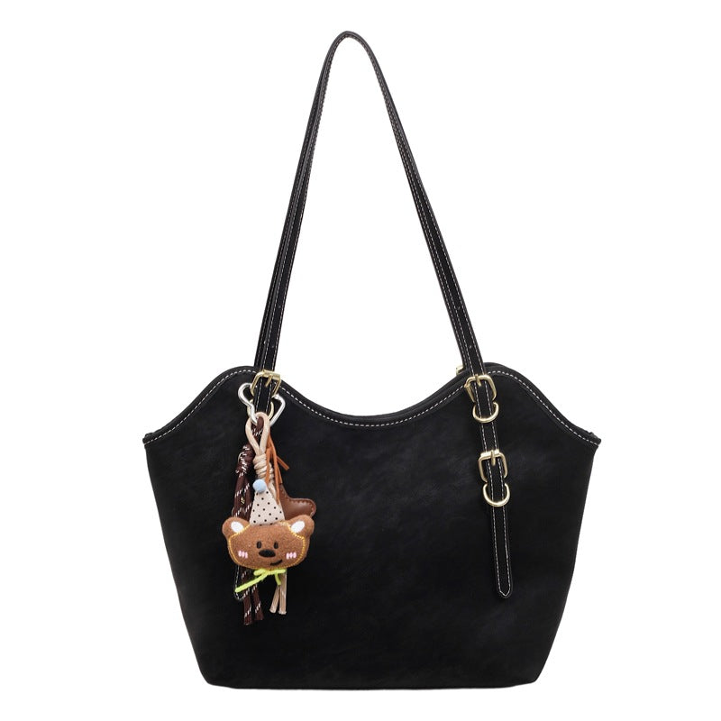 Sarah Express Large Capacity Structured Vegan Leather Tote Black Ribbon Pendant