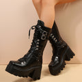Sarah Express Women's Mid-Calf Lace-Up Wedge Boots Black Matte
