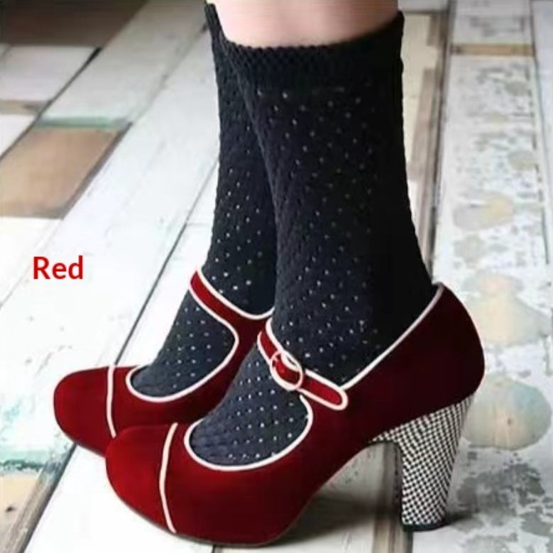 Sarah Express Retro Round-Toe Chunky Heel Pumps
