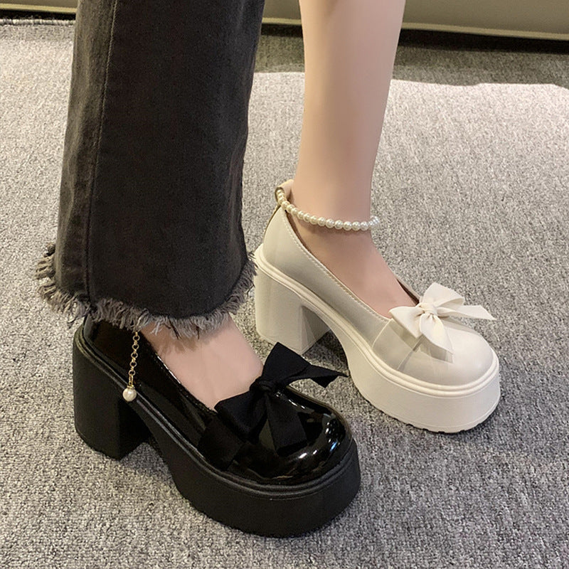 Sarah Express Pearl Bow Platform Block Heel Shoes